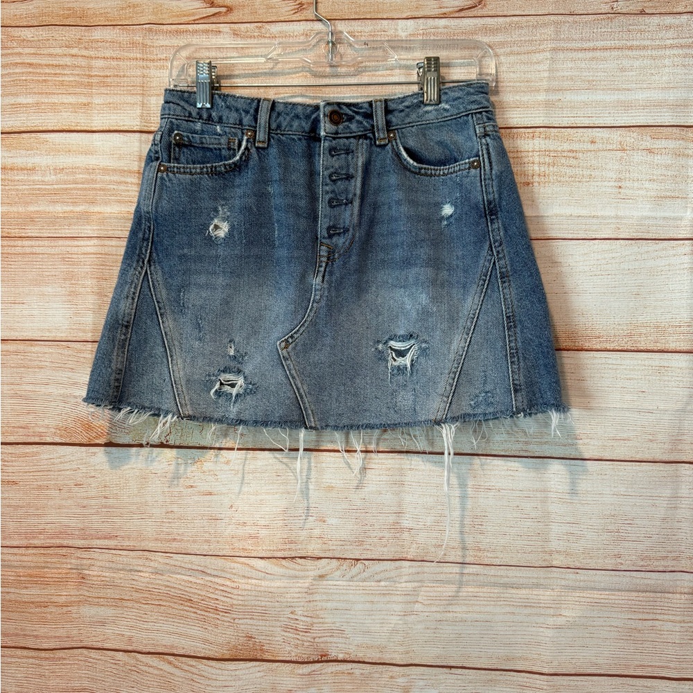 Free People We The Free Distressed Denim Mini Skirt - Blue Wash